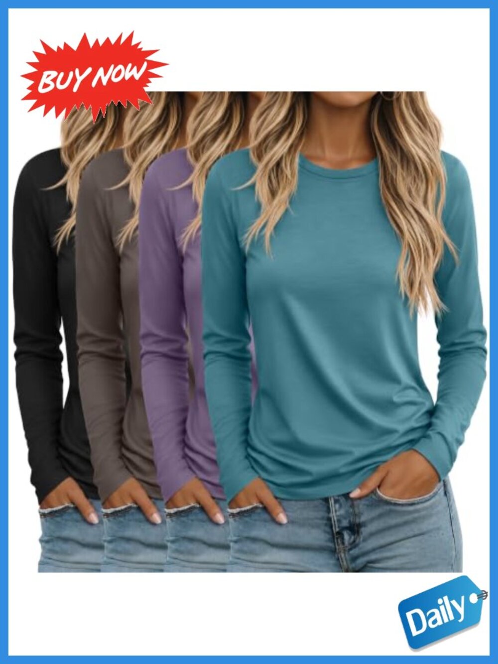 Women's Long Sleeve Crewneck T-Shirts 4 Pack Loose Fit Casual Tops